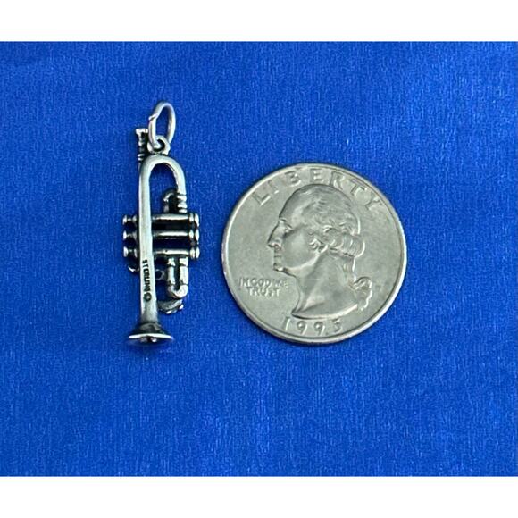 Sterling Silver 3D Trumpet Charm, Silver 3D Trumpet Pendant - Picture 5 of 5